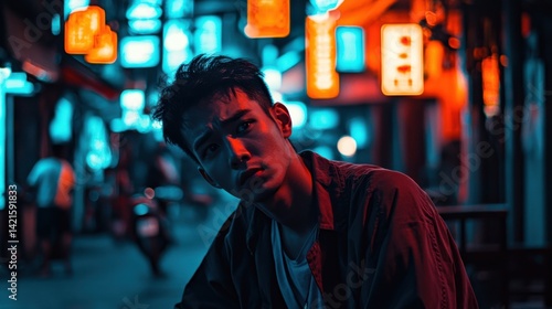 Young Man in Urban Alley with Neon Lights at Night