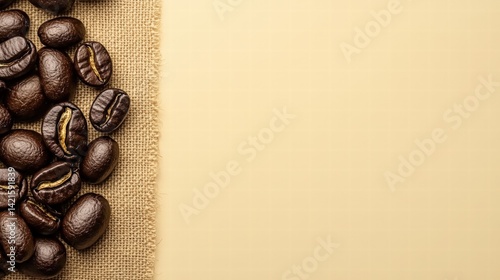 Coffee beans artfully arranged on a wooden board showcasing their natural beauty and texture