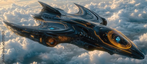 Sleek, dark spaceship soars above clouds, glowing accents