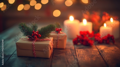 Cozy Christmas Gift Boxes with Candles and Decorative Elements