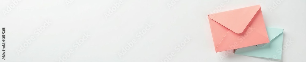 Minimalistic composition of envelope, card, and paper airplane on white surface, stationery, office supplies