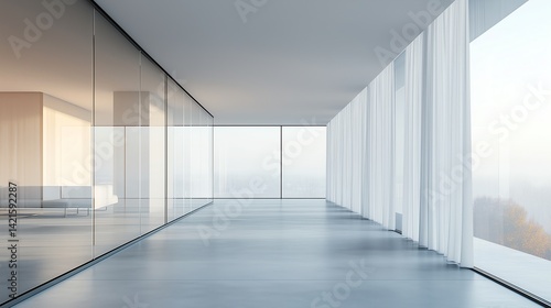 Empty hospital room with glass walls and curtains, minimalistic interior, soft pastel color scheme, spacious and bright atmosphere.