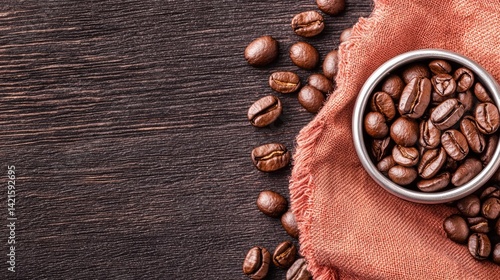 An artistic arrangement of coffee beans on a cloth creating a rustic and natural still life scene