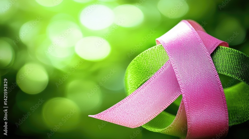 Pink and green ribbons intertwined against a blurred green background