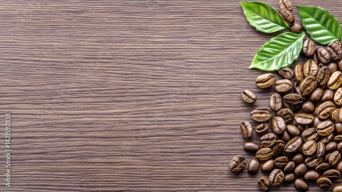 Coffee beans and green leaves beautifully arranged on a wooden background creating a natural scene
