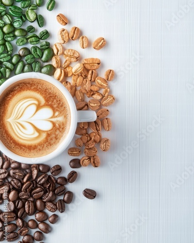 Coffee cup surrounded by fresh coffee beans for a rich and invigorating morning experience
