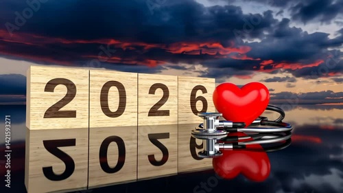 2026 numbers with medical instrument and red heart. New Year, holidays, health care
