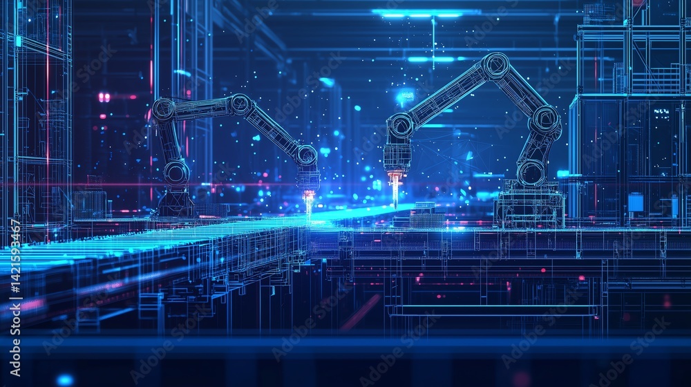 Industry 4.0 assembly line featuring robotic arms and machinery with a conveyor belt running seamlessly in a dark blue, low poly wireframe design. Industry 4.0 assembly line featuring robotic arms and machinery with a conveyor belt running seamlessly in a dark blue, low poly wireframe design.