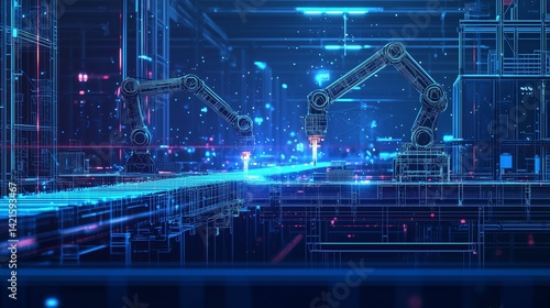 Industry 4.0 assembly line featuring robotic arms and machinery with a conveyor belt running seamlessly in a dark blue, low poly wireframe design.