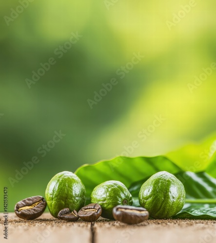 Close-up view of raw coffee beans surrounded by glossy green leaves on a rustic wooden surface