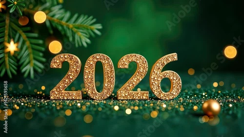 Greeting card text number 2026 on green dark festive Christmas and New Year background, festive atmosphere. Banner, screensaver, postcard, congratulation