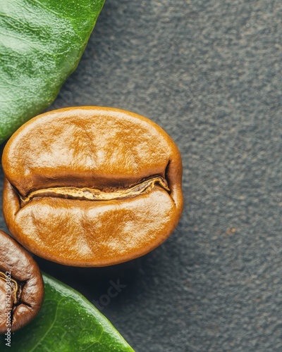 Close-up of rich coffee beans nestled with a fresh green leaf on a natural wooden background