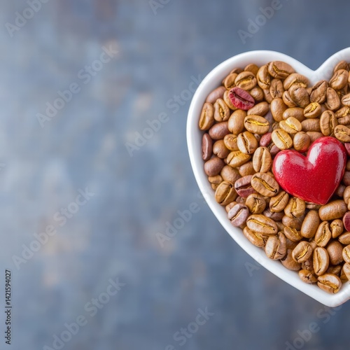 A heart shaped bowl filled with coffee beans surrounded by a vibrant red heart for love of coffee