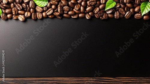 A beautiful arrangement of coffee beans surrounded by fresh green leaves enhancing the natural beauty