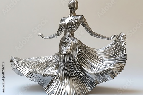 Metal statue of a woman dancing with flowing gown, sculpture for art, studio shot background