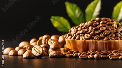 A close-up of coffee beans next to a cup of coffee filled with freshly brewed dark liquid
