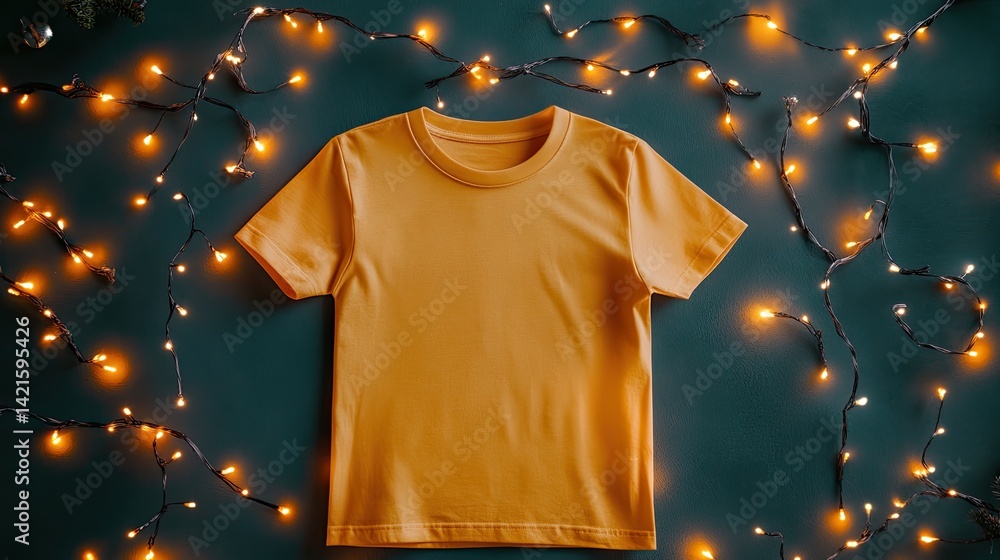 Mustard yellow t-shirt on dark background, surrounded by fairy lights