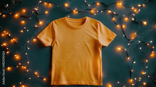 Obraz na płótnie Mustard yellow t-shirt on dark background, surrounded by fairy lights w salonie