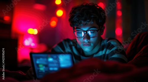 Young Person Interacting with Technology in a Colorful Ambient Light
