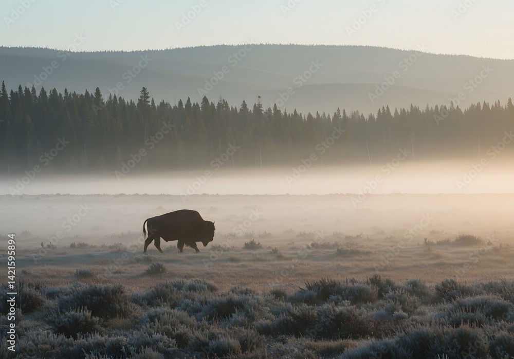 Majestic bison silhouette at sunrise in misty field Majestic bison silhouette at sunrise in misty field