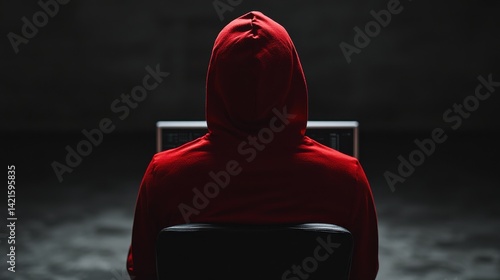 Mysterious Figure in Red Hoodie Working on Computer in Dark Room