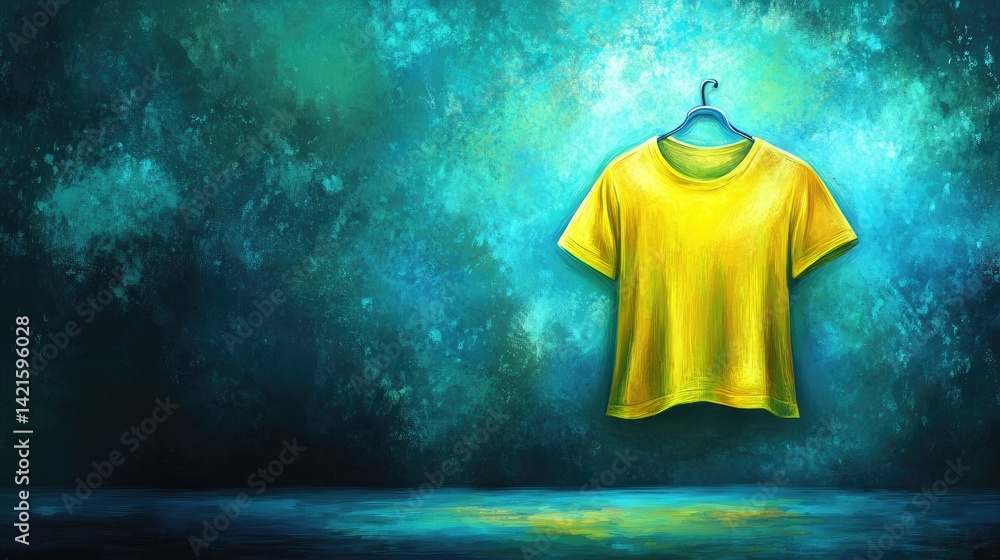 Yellow T-shirt hanging on a dark, textured wall