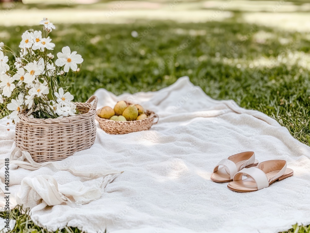 Picnic blanket with flowers and fruit