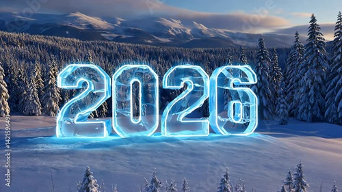 A bright neon glowing ice sculpture from 2026 standing in a snowy landscape with dense forest and snow capped mountains in the background on a clear winter day.