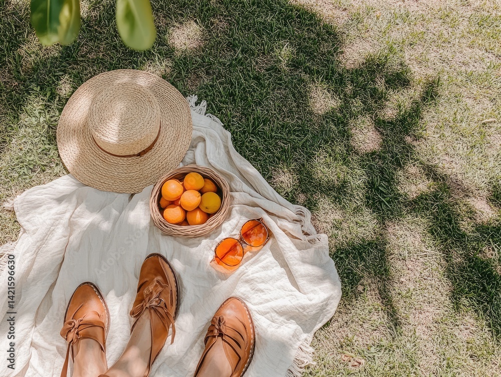 Picnic blanket in grass with fruit and accessories