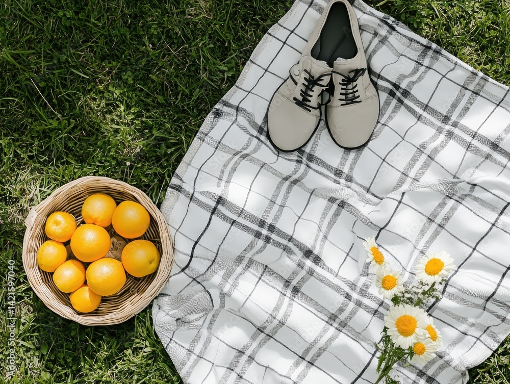 Picnic blanket, shoes, oranges, flowers