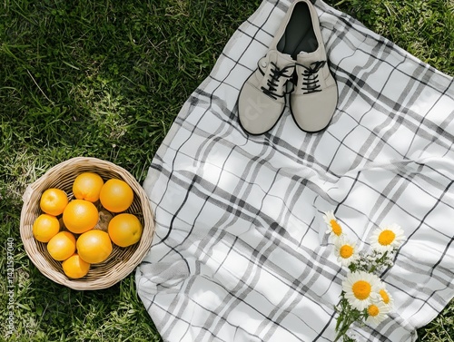 Obraz na płótnie Picnic blanket, shoes, oranges, flowers w salonie