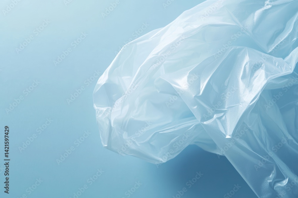 Fototapeta premium 青い背景に透明なプラスチック袋が軽やかに浮かんでいる様子が描かれています。