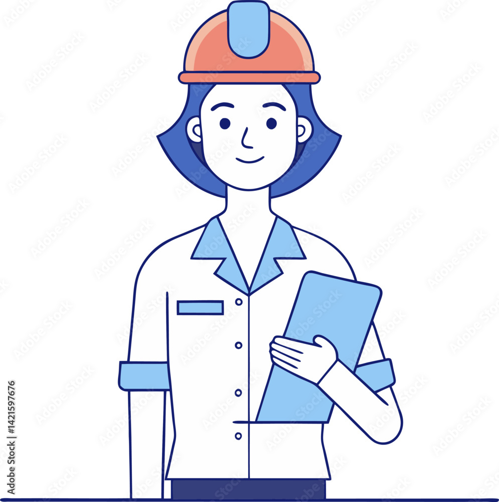 Female Engineer with Helmet Holding Clipboard Art, Vector Illustration Female Engineer with Helmet Holding Clipboard Art, Vector Illustration