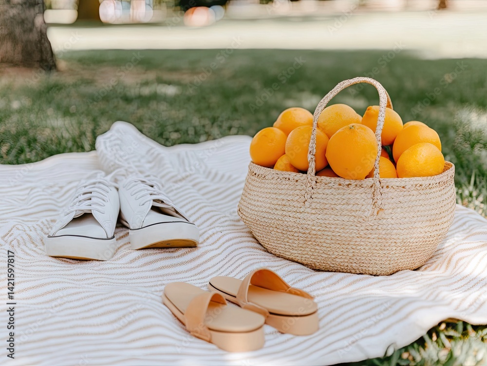 Fresh citrus basket and shoes on picnic blanket