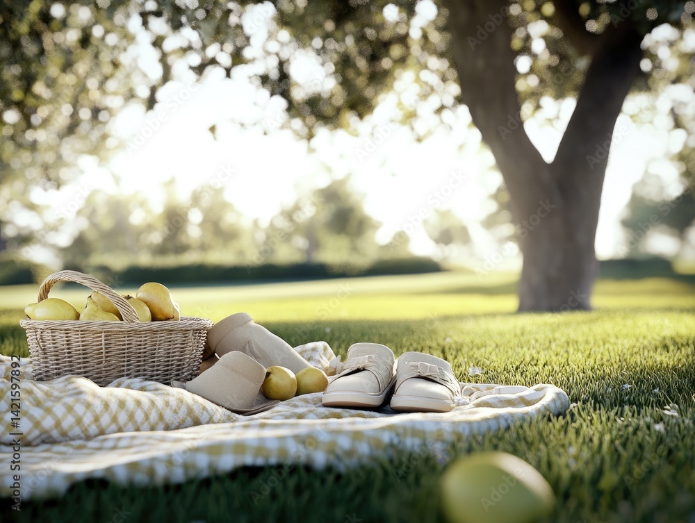 Picnic basket, shoes, lemons, and a blanket in a park