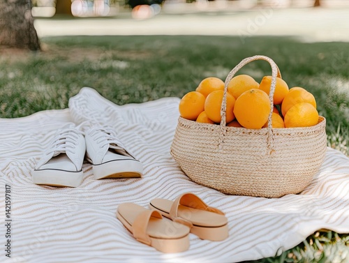 Obraz na płótnie Fresh citrus basket and shoes on picnic blanket w salonie