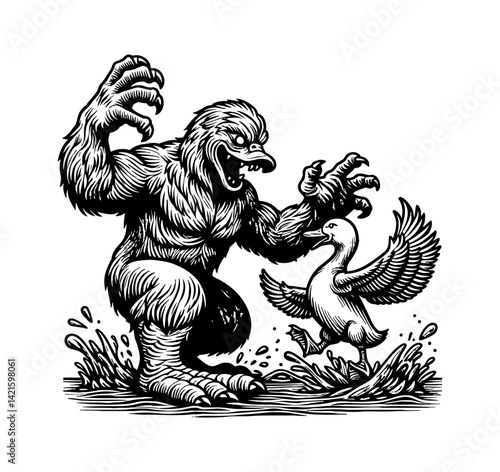 Epic Battle Between Duck, Teal, Goose, and Swan Against a Giant Monster in Fantasy Action