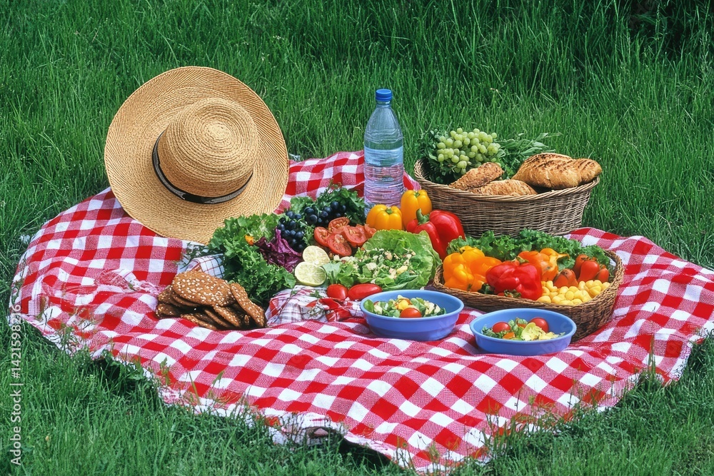 Picnic basket with fresh produce and drinks