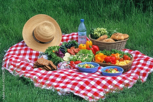 Obraz na płótnie Picnic basket with fresh produce and drinks w salonie