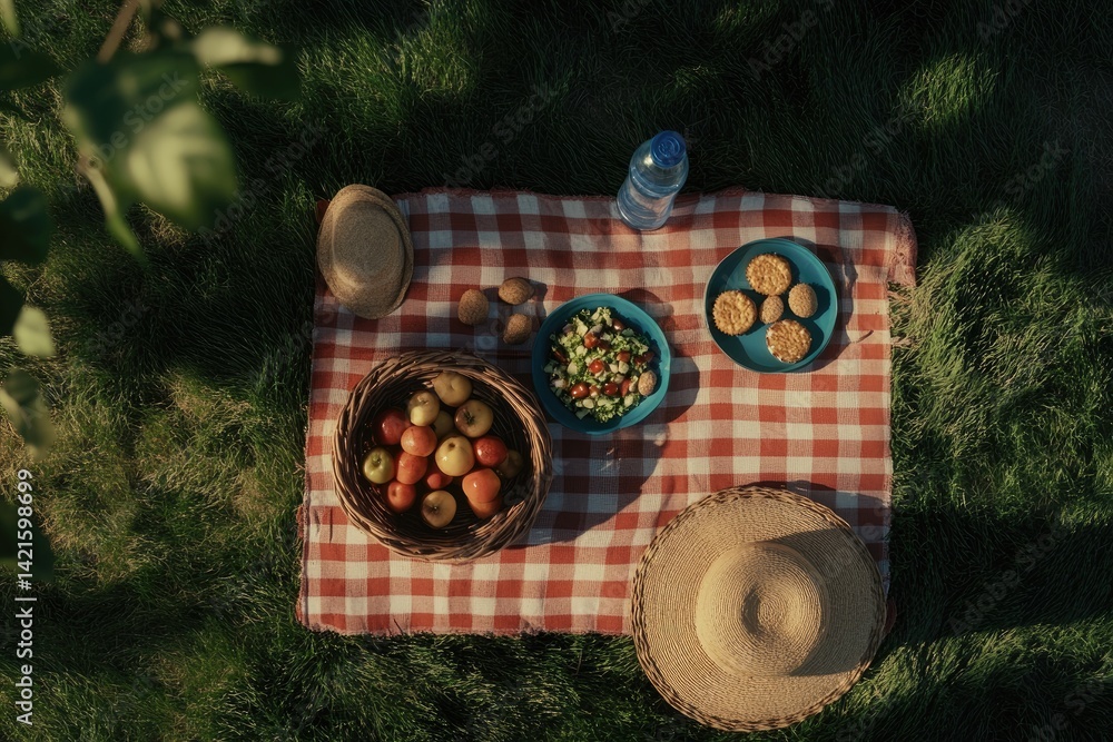Picnic on a checkered blanket in a garden