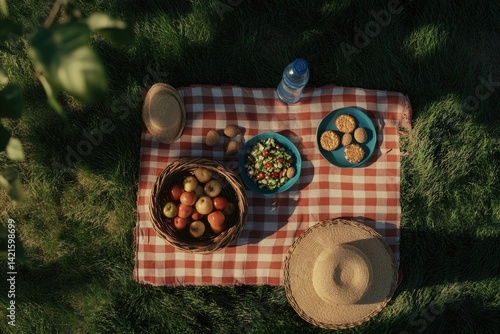 Obraz na płótnie Picnic on a checkered blanket in a garden w salonie