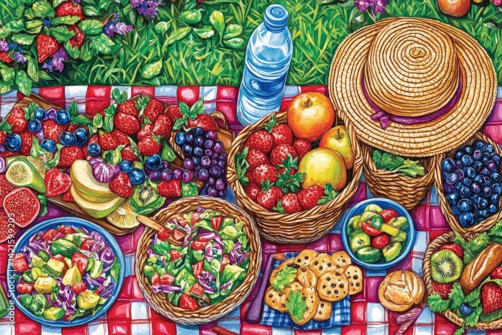 Fruits, vegetables, and salads on a picnic blanket