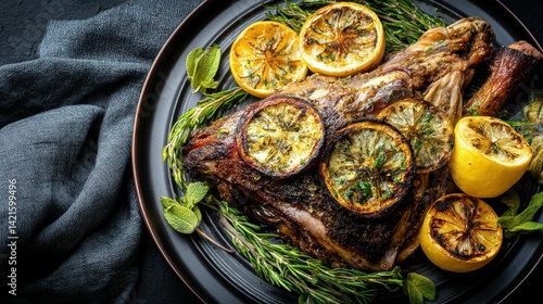 A Mediterranean-style roasted lamb shoulder surrounded by grilled lemons and fresh herbs, placed on a ceramic platter