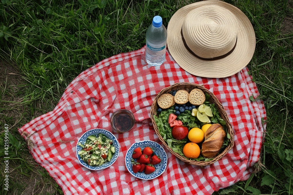Picnic basket on plaid blanket