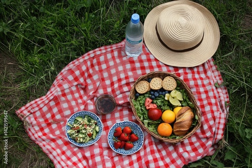 Obraz na płótnie Picnic basket on plaid blanket w salonie