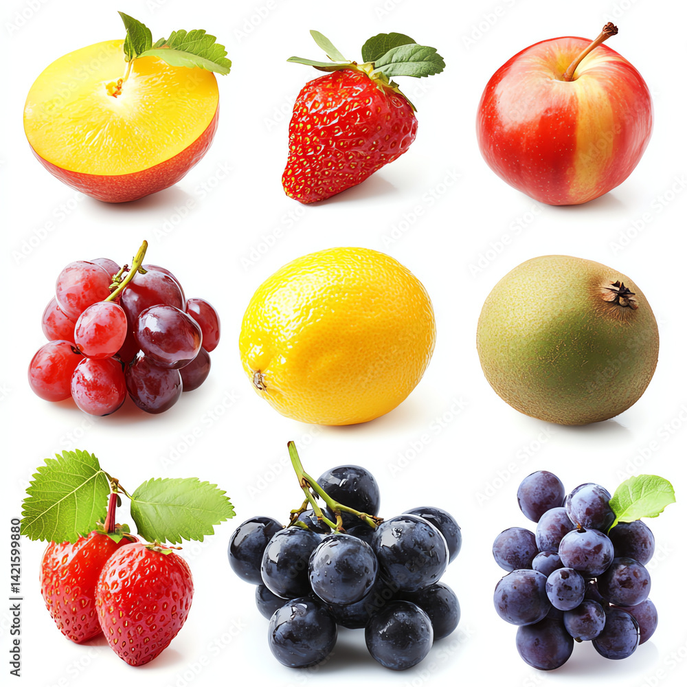 Fresh set of fruits isolated on white background. High-quality, vibrant, and healthy collection perfect for food blogs, ads, and packaging. PNG available. Fresh set of fruits isolated on white background. High-quality, vibrant, and healthy collection perfect for food blogs, ads, and packaging. PNG available.