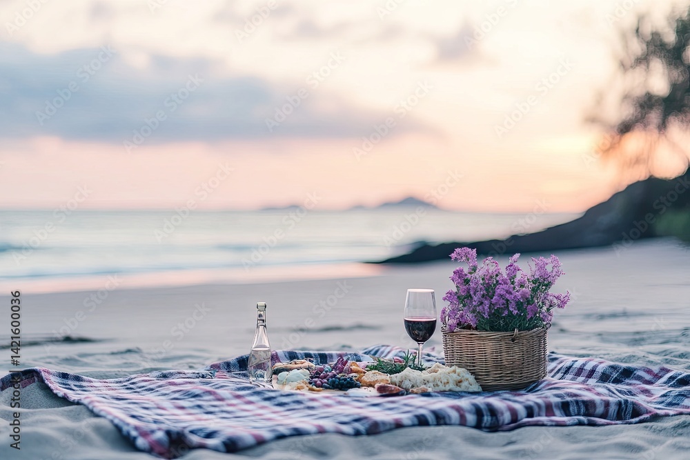 Beach picnic at sunset