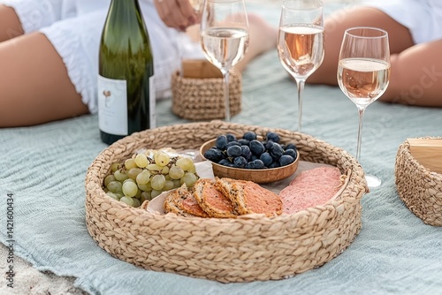 Picnic on the beach with wine and snacks