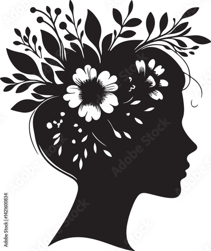 Elegant female silhouette with flowers hair in black and white background