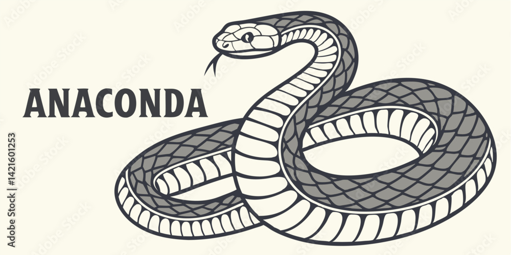 Fototapeta premium Anaconda Snake Vector Illustration, Coiled Reptile, Wildlife Animal Graphic, Exotic Serpent Drawing